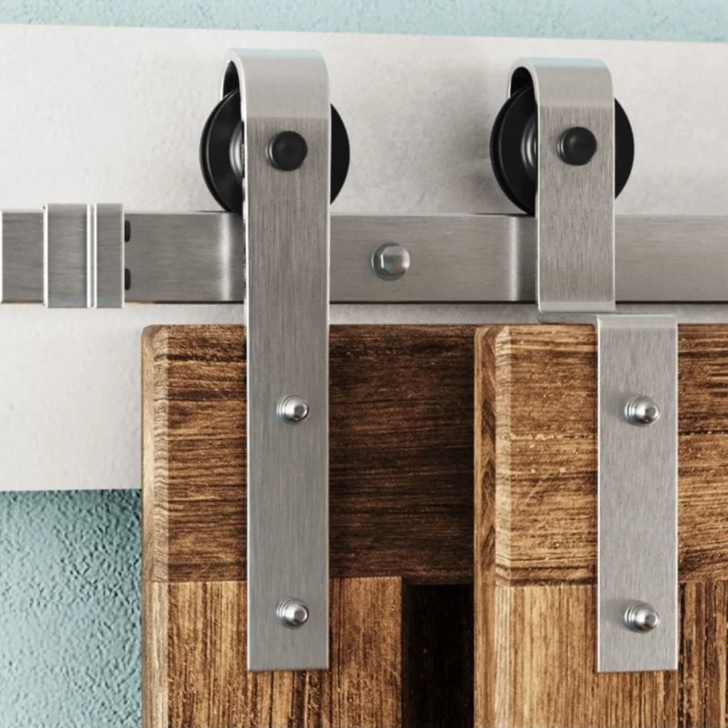 Classic Strap Single-Track Bypass Barn Door Hardware Kit, Brushed Nickel Finish - Image 3