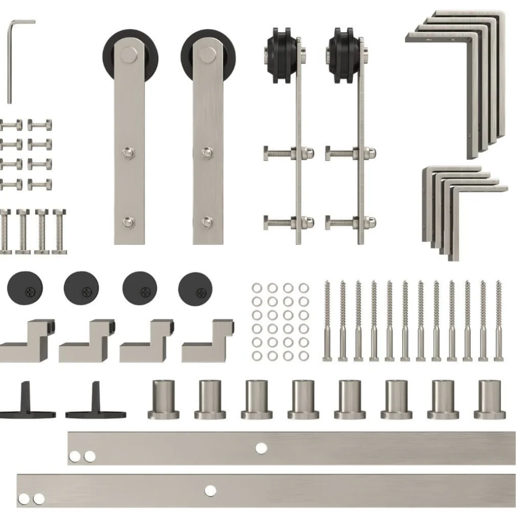 Low Profile Bypass Barn Door Hardware Kit, Brushed Nickel Finish - Image 3